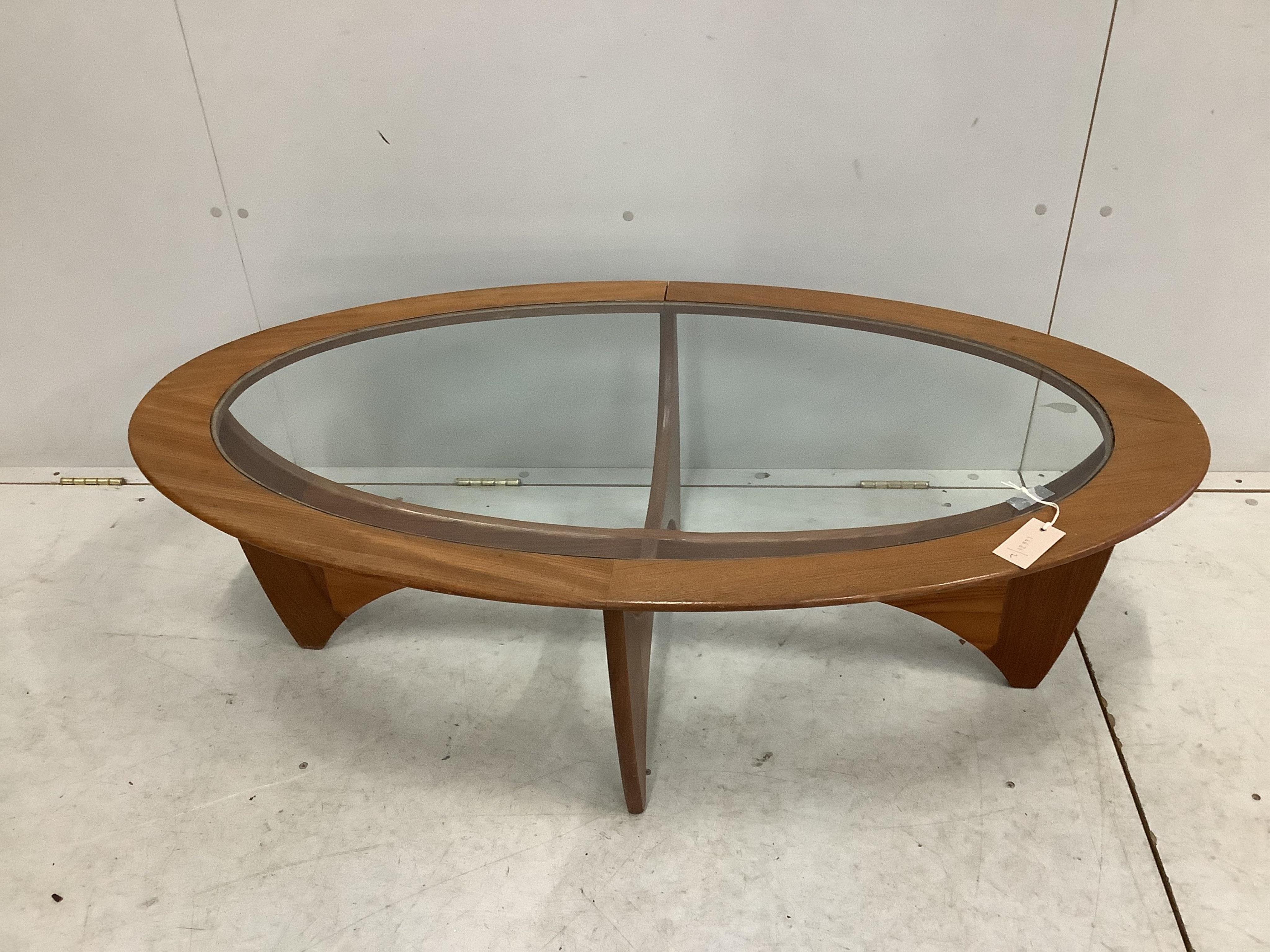 A G Plan Astro coffee table, width 122cm, depth 66cm, height 41cm. Condition - fair, one timber joint slightly opened